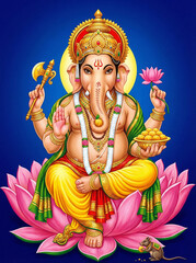 Ganesha's Divine Presence: A vibrant depiction of Ganesha, the revered deity of wisdom, prosperity, and good fortune, seated upon a lotus flower, radiating an aura of serenity and spiritual blessing.