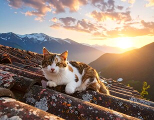 Cat lounges on an old tile roof during sunset with mountains and valleys visible in the background
