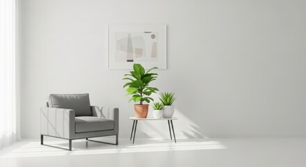 Modern minimalist living room with comfortable armchair and potted plants bright natural light