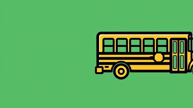 A bright yellow school bus with black trim and windows is depicted against a solid green background