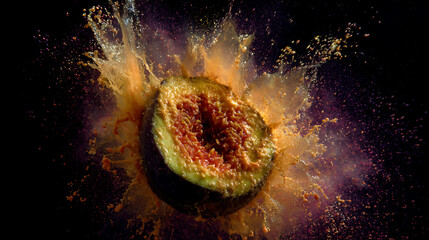 A ripe avocado splits open, creating a dramatic explosion of bright colors against a dark backdrop. The scene captures the vivid inner texture of the fruit in a striking display.