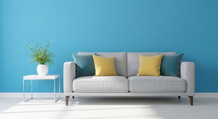 Modern living room sofa with pillows and plant against a blue wall