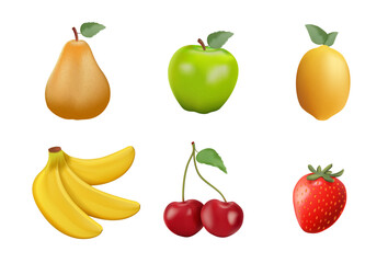 Colorful Fruit Vector Set Apple, Pear, Banana, Cherry and Strawberry, Lemon. 3D render vector illustration. Abundance