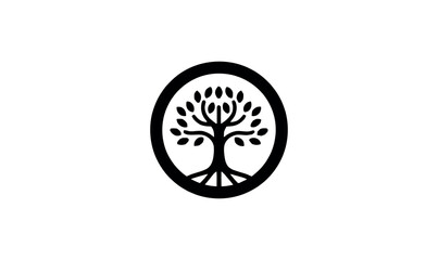 Minimalist Tree of Life Black Silhouette Icon in Circle, Abstract Vector Logo or Symbol of Nature, Growth, and Ecology, Circular Logo for Sustainability, Environment, or Family Heritage,