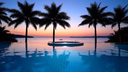 Experience the allure of a tropical sunset reflected in a serene infinity pool, promising relaxation and escape, perfect for luxury travel promotions