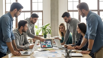 Team Collaboration in Modern Office with Laptops and Screens