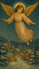 Fototapeta premium Ethereal angel over snowy village mobile wallpaper