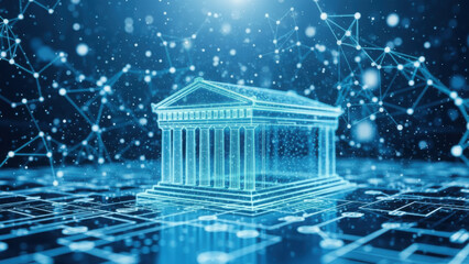 Digital financial system represented by glowing bank on circuit board network