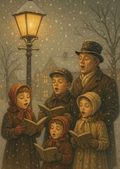 Obraz premium Vintage carolers under snowy lamp.