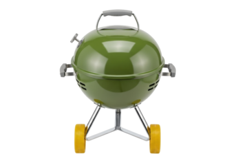 Isolated portable charcoal barbecue grill, green color, lightweight, convenient for outdoor cooking