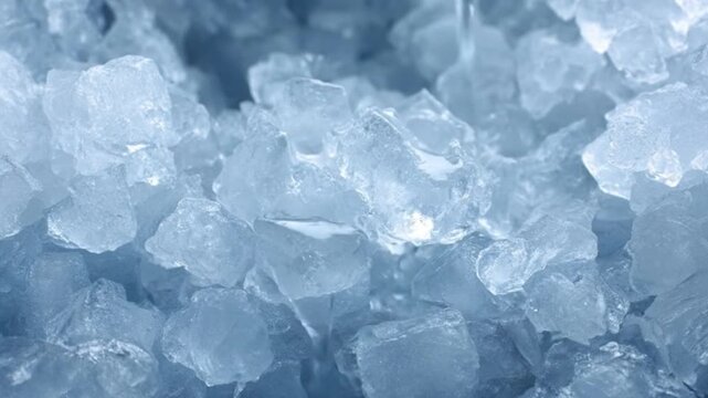 A pile of ice cubes some melting with water droplets