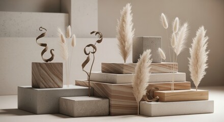 Elegant sculpture arrangement displayed on abstract geometric pedestals and platforms