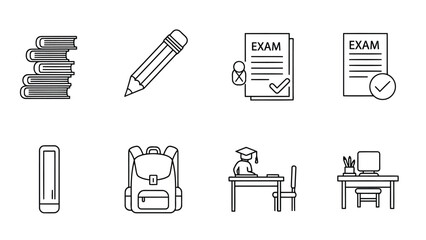 Educational icons including books, pencil, exam papers, backpack, and computer