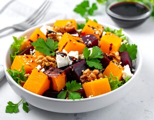 A vibrant salad with cubed butternut squash, beets, walnuts, feta cheese, and parsley in a white bowl