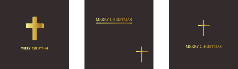 Merry Christmas Christian golden geometric background collection with golden text and cross. Merry Christmas minimalistic poster set, social media post layout, square banner design template set
