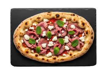 Isolated oval pizza with meat, cheese, and mint, resting on a dark grey platter, top view