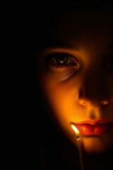 A close-up portrait of a girl holding a burning match. A photorealistic illustration for Andersen's fairy tale "The Little Match Girl."