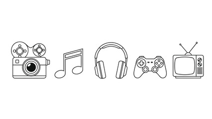 Collection of icons representing music, photography, gaming, and television