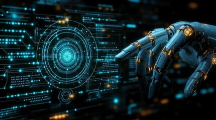 A robotic hand interacting with a digital interface consisting of glowing dots and lines on a dark background with a bokeh effect.	 - Powered by Adobe