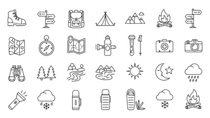 Camping and Outdoor Adventure Line Icons Set &ndash; Hiking, Nature, Survival, Travel Symbols