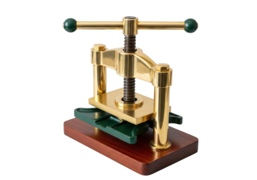 Isolated brass book press features green handles and a wooden base for bookbinding tasks