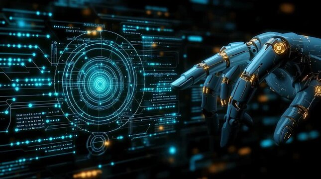 A robotic hand interacting with a digital interface consisting of glowing dots and lines on a dark background with a bokeh effect.	