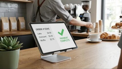 Digital Payment Complete on Tablet at Modern Cafe Counter with Barista Preparing Coffee