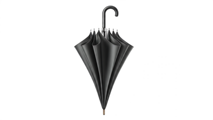A closed black umbrella with a curved handle standing upright against a black background in a studio shot