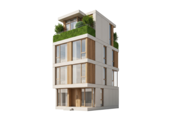 Isolated modern building facade with green roof, vertical timber details, elegant design