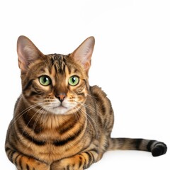Bengal cat lying on a white background with green eyes, elegant posture, golden brown fur with spots and stripes, detailed portrait of a domestic cat in a minimalistic composition with open space, nat
