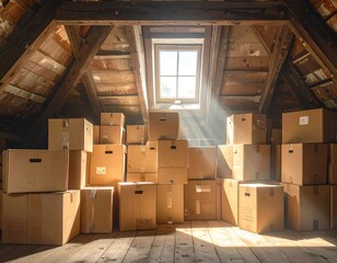 Attic space filled with many cardboard boxes, sunlight streaming through a window, creating shadows