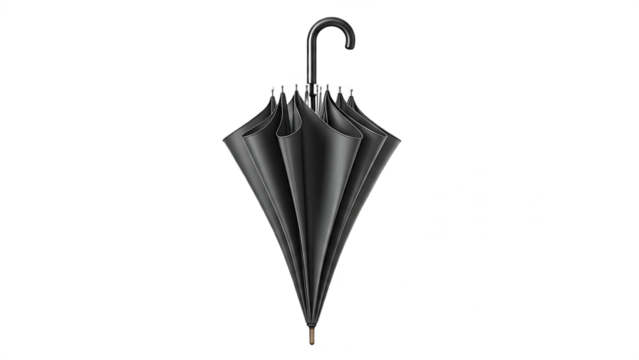 A closed black umbrella with a curved handle standing upright against a black background in a studio shot