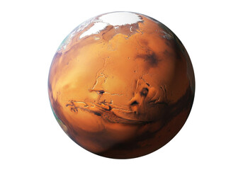 Isolated view of the planet Mars featuring polar ice cap, valleys, and red surface dust