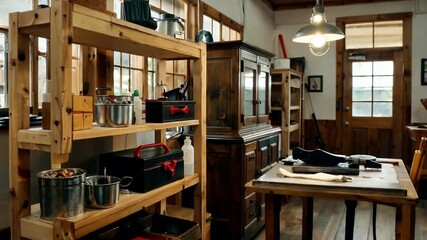 Interior of a vintage shoe repair shop with wooden shelves and tools.