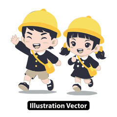 Adorable children in yellow hats and uniforms, illustration of happy kids running to school