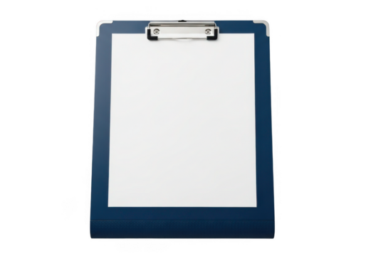 A dark blue clipboard with a blank white paper sheet isolated on transparent background