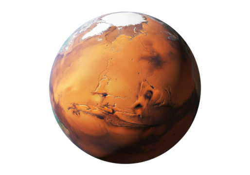 Isolated view of the planet Mars featuring polar ice cap, valleys, and red surface dust