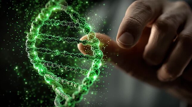 A hand holds a glowing green DNA molecule on a dark background. The image symbolizes science, genetics, biotechnology, research, and innovation in the fields of medicine and biology.