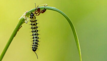 Caterpillar and ant meet on a thin green stem against a soft, bright green and yellow blurred background