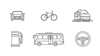 Various modes of transportation including cars, bicycles, trains, buses, and fuel pumps
