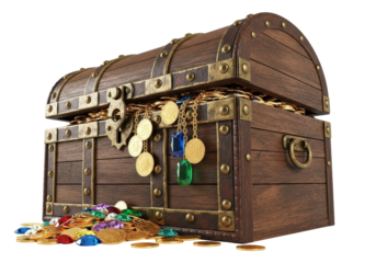 Isolated treasure chest full of gold coins and jewels, open wooden box of riches and gems