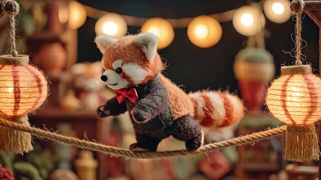 Stuffed red panda toy balancing on rope with lanterns overhead