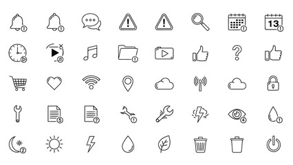 Outline icons for media, alerts, notifications, location, music, camera, search and essential UI functions.