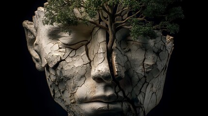 human head sculpture fractured open with a tree sprouting from inside, symbolic mental healing and rebirth, dramatic lighting, v7 fine art realism 