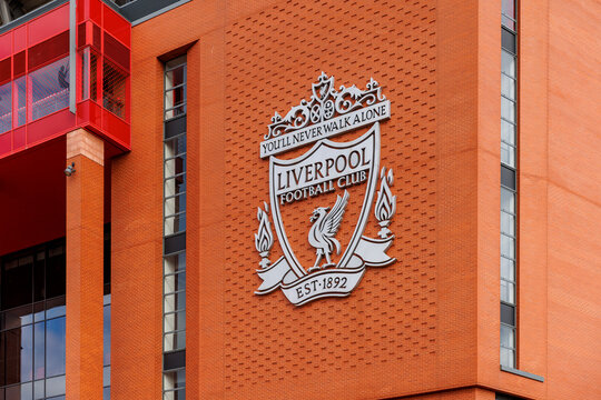 Liverpool, England - 10.08.2025: Liverpool FC crest on exterior of Anfield stadium