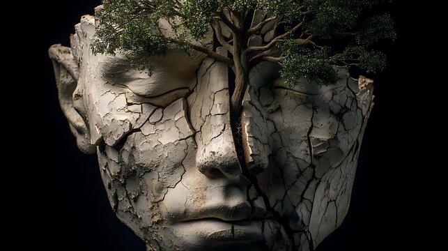 human head sculpture fractured open with a tree sprouting from inside, symbolic mental healing and rebirth, dramatic lighting, v7 fine art realism 