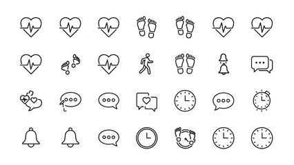 Outline set of heart, health, fitness, pulse, wellness, care and activity icons for medical and lifestyle design.