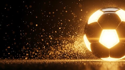 Glowing golden soccer ball with sparkling particles and bokeh effect, sports concept