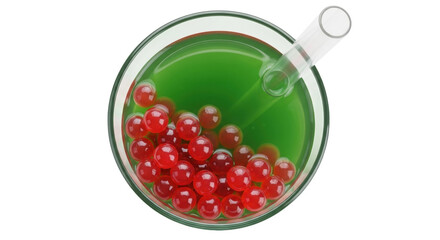 Isolated beverage containing green liquid and red balls, a cool and refreshing treat drink