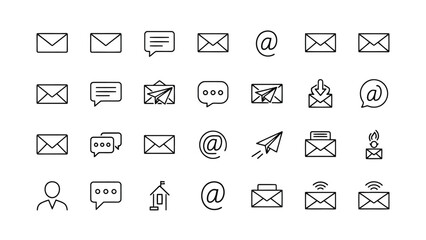 Minimal outline email, message, chat, inbox, send, mail and communication icons for apps and web interfaces.